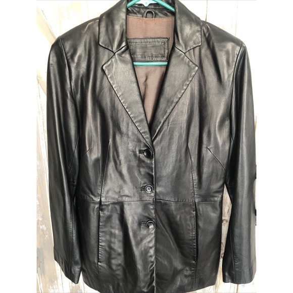 Ladies Black Leather 3-Button Sleek Blazer Jacket Soft EUC Chic Sz 6 - Picture 9 of 16